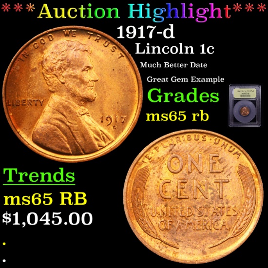 ***Auction Highlight*** 1917-d Lincoln Cent 1c Graded GEM Unc RB By USCG (fc)