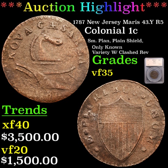 *HIGHLIGHT OF NIGHT* 1787 New Jersey Maris 43.Y R5 Colonial Cent 1c Graded vf35 By SEGS (fc)