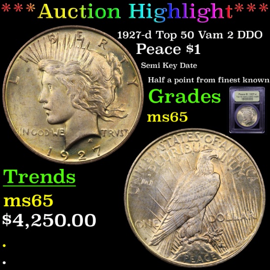 *HIGHLIGHT OF NIGHT* 1927-d Top 50 Vam 2 DDO Peace Dollar $1 Graded GEM Unc By USCG (fc)
