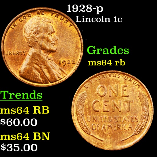 1928-p Lincoln Cent 1c Grades Choice Unc RB