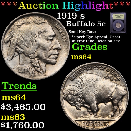 ***Auction Highlight*** 1919-s Buffalo Nickel 5c Graded Choice Unc By USCG (fc)