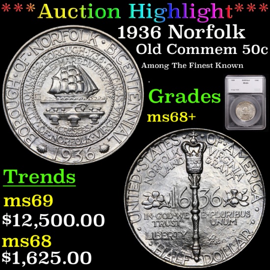 ***Auction Highlight*** 1936 Norfolk Old Commem Half Dollar 50c Graded ms68+ By SEGS (fc)
