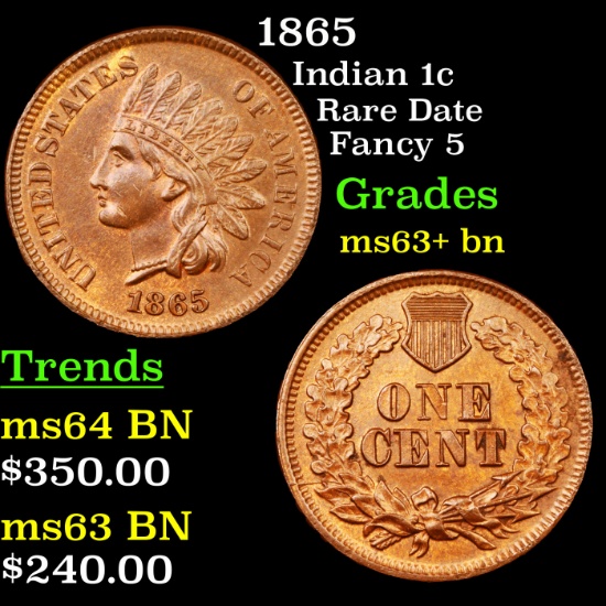1865 Indian Cent 1c Grades Select+ Unc BN