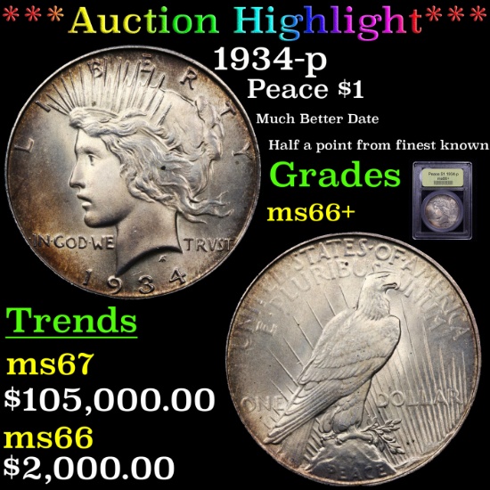 ***Auction Highlight*** 1934-p Peace Dollar $1 Graded GEM++ Unc By USCG (fc)