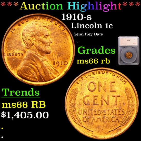 ***Auction Highlight*** 1910-s Lincoln Cent 1c Graded ms66 rb By SEGS (fc)