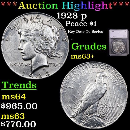 ***Auction Highlight*** 1928-p Peace Dollar $1 Graded ms63+ By SEGS (fc)