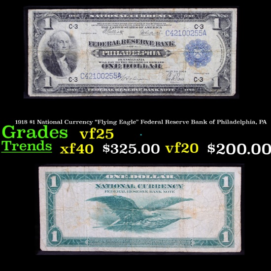 1918 $1 National Currency "Flying Eagle" Federal Reserve Bank of Philadelphia, PA Grades vf+