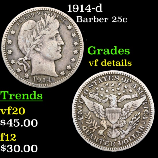 1914-d Barber Quarter 25c Grades vf details