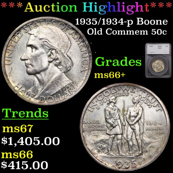 ***Auction Highlight*** 1935/1934-p Boone Old Commem Half Dollar 50c Graded ms66+ By SEGS (fc)