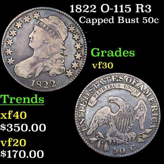 1822 O-115 R3 Capped Bust Half Dollar 50c Grades vf++