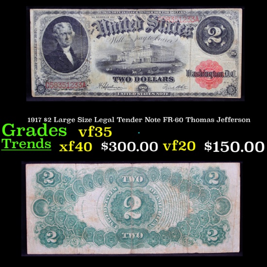 1917 $2 Large Size Legal Tender Note FR-60 Thomas Jefferson Grades vf++