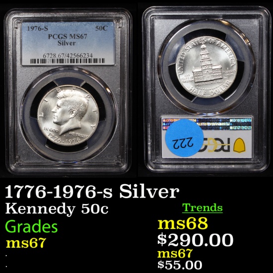 PCGS 1776-1976-s Silver Kennedy Half Dollar 50c Graded ms67 By PCGS