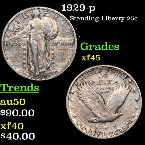 1929-p Standing Liberty Quarter 25c Grades xf+