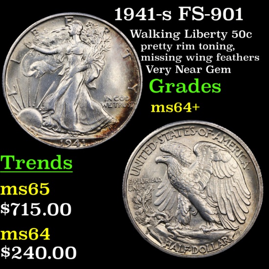 1941-s FS-901 Walking Liberty Half Dollar 50c Grades Choice+ Unc