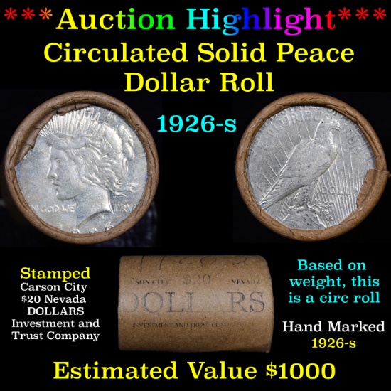 ***Auction Highlight*** Full solid Date 1926-s Peace silver dollar roll, 20 coin (fc)