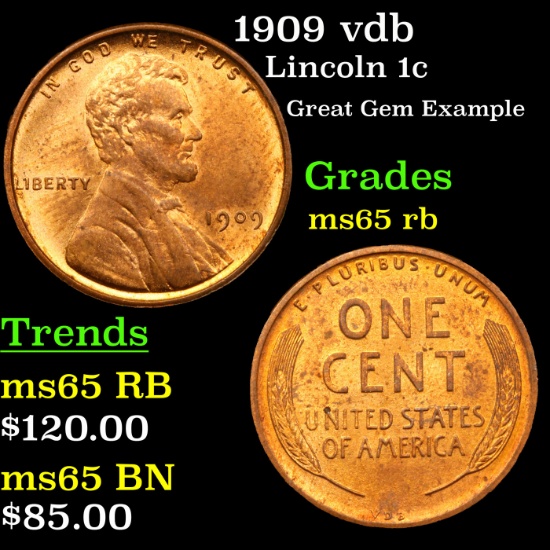 1909 vdb Lincoln Cent 1c Grades GEM Unc RB