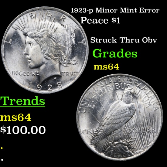 1923-p Minor Mint Error Peace Dollar $1 Grades Choice Unc
