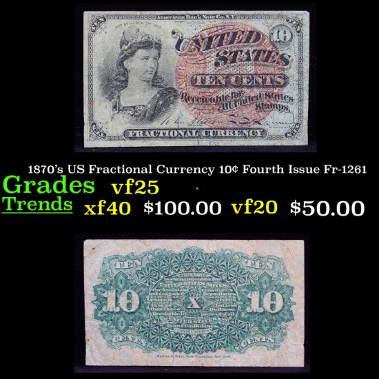 1870's US Fractional Currency 10¢ Fourth Issue Fr-1261 Grades vf+