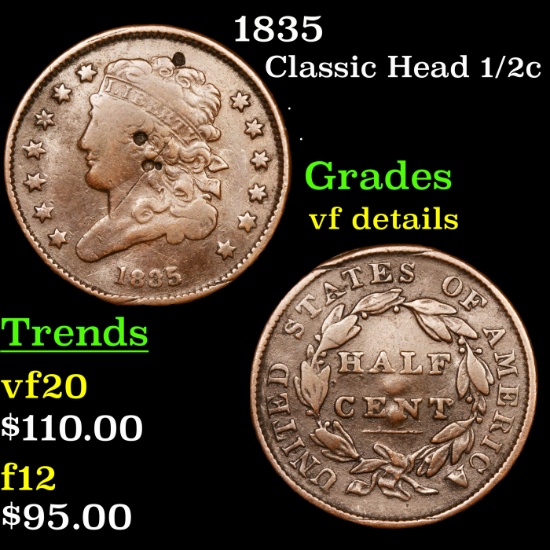 1835 Classic Head half cent 1/2c Grades vf details
