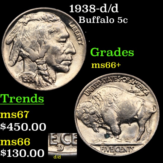 1938-d/d Buffalo Nickel 5c Grades GEM++ Unc
