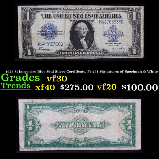 1923 $1 large size Blue Seal Silver Certificate, Fr-237 Signatures of Speelman & White Grades vf++