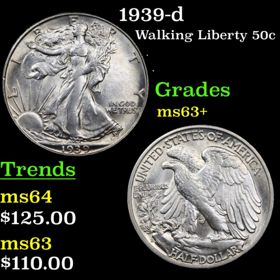 1939-d Walking Liberty Half Dollar 50c Grades Select+ Unc