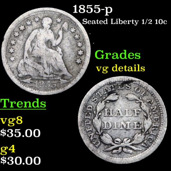 1855-p Seated Liberty Half Dime 1/2 10c Grades vg details