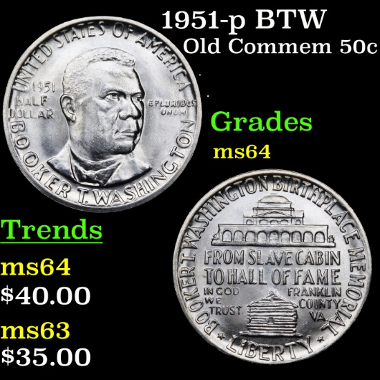 1951-p BTW Old Commem Half Dollar 50c Grades Choice Unc