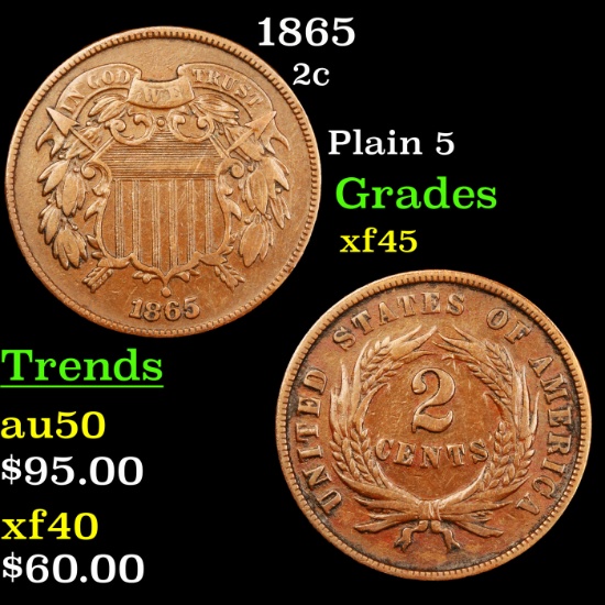 1865 Two Cent Piece 2c Grades xf+