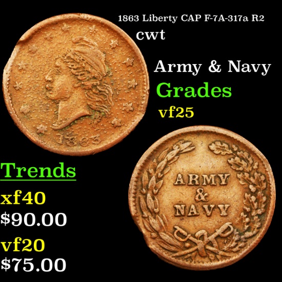 1863  Liberty cap F-7A-317a R2 Civil War Token 1c Grades vf+