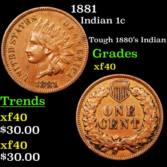 1881 Indian Cent 1c Grades xf