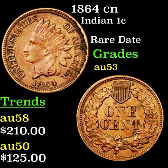 1864 cn Indian Cent 1c Grades Select AU