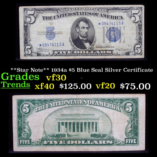 **Star Note** 1934a $5 Blue Seal Silver Certificate Grades vf++