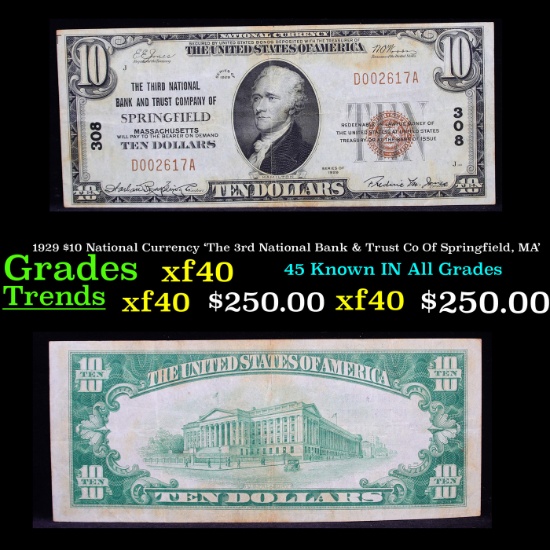 1929 $10 National Currency 'The 3rd National Bank & Trust Co Of Springfield, MA' Grades xf