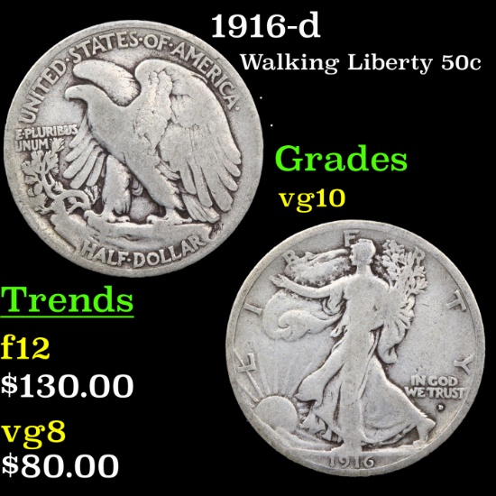 1916-d Walking Liberty Half Dollar 50c Grades vg+