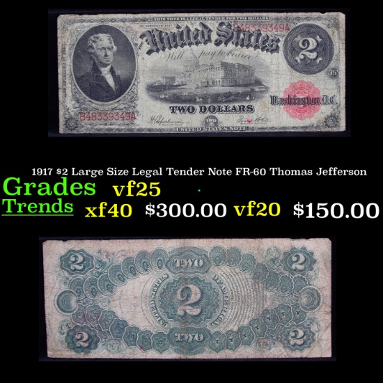 1917 $2 Large Size Legal Tender Note FR-60 Thomas Jefferson Grades vf+