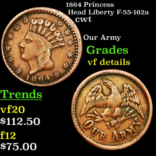 1864 Princess Head Liberty F-55-162a Civil War Token 1c Grades vf details
