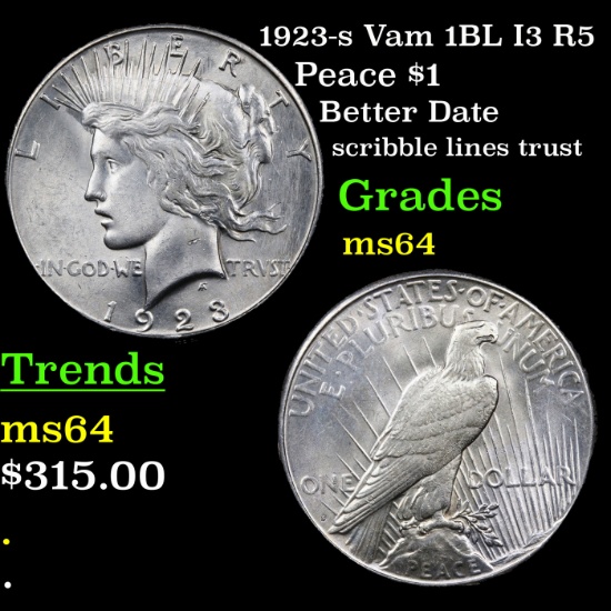 1923-s Vam 1BL I3 R5 Peace Dollar $1 Grades Choice Unc