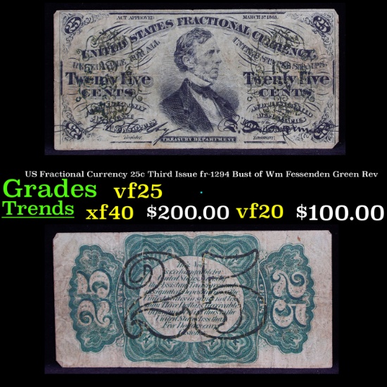 US Fractional Currency 25c Third Issue fr-1294 Bust of Wm Fessenden Green Rev Grades vf+