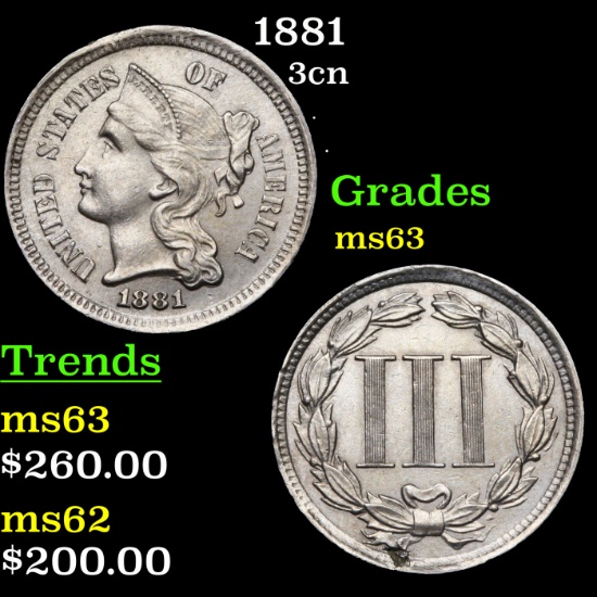 1881 Three Cent Copper Nickel 3cn Grades Select Unc