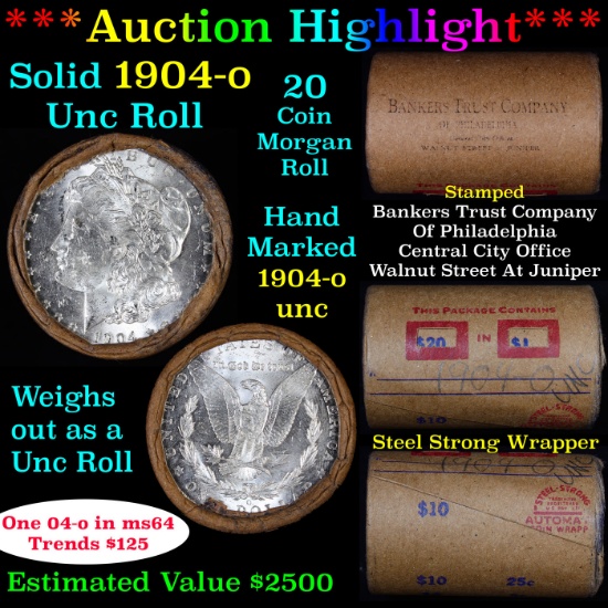 ***Auction Highlight*** Full solid date 1904-o Uncirculated Morgan silver dollar roll, 20 coins (fc)