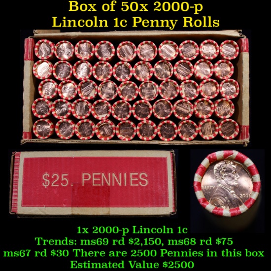 Box of 50 Rolls of 2006-p Gem Unc Lincoln Cents 1c, 50 Coins Each 2500 Coins total