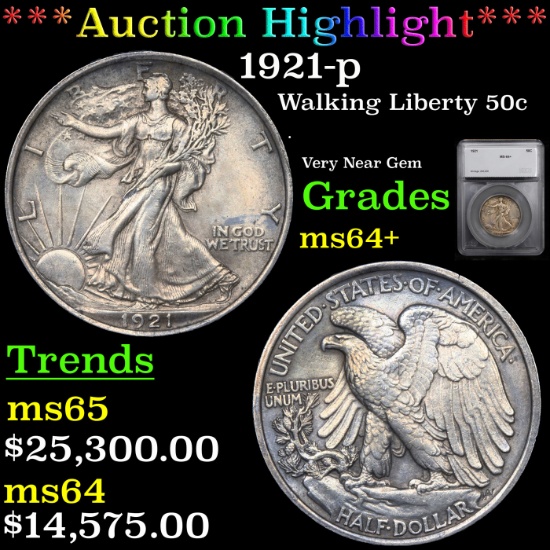 *HIGHLIGHT OF NIGHT* 1921-p Walking Liberty Half Dollar 50c Graded ms64+ By SEGS (fc)
