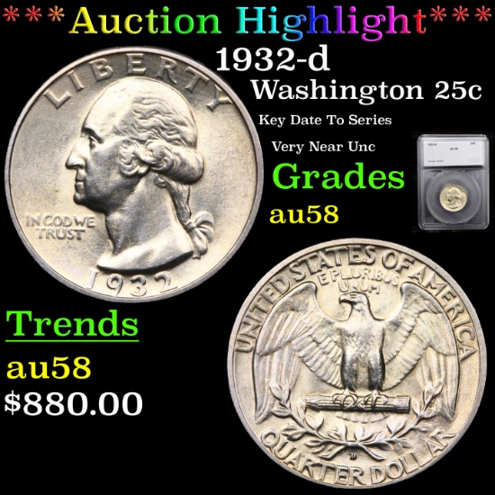 ***Auction Highlight*** 1932-d Washington Quarter 25c Graded au58 By SEGS (fc)