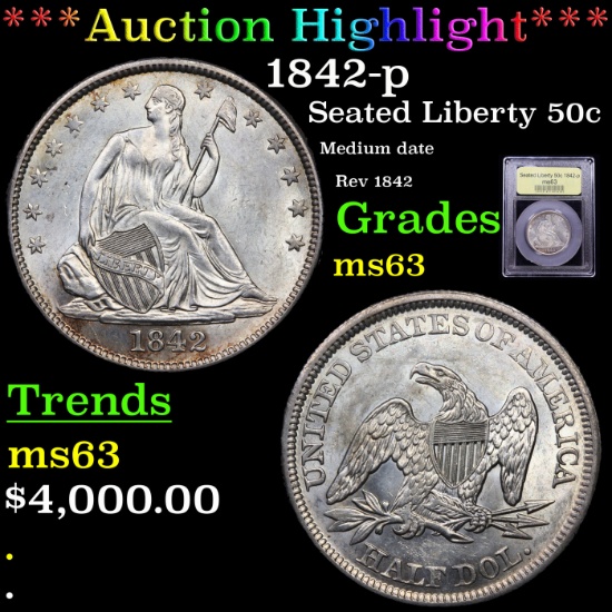 ***Auction Highlight*** 1842-p Seated Half Dollar 50c Graded Select Unc By USCG (fc)