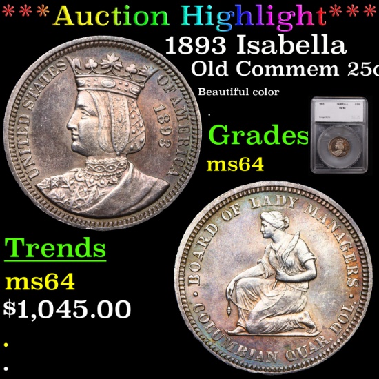 ***Auction Highlight*** 1893 Isabella Isabella Quarter 25c Graded ms64 By SEGS (fc)