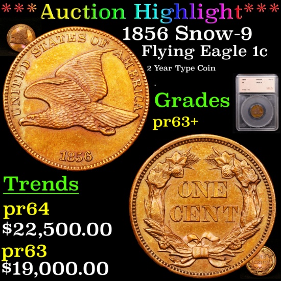 Proof *HIGHLIGHT OF THE MONTH* 1856 Snow-9 Flying Eagle Cent 1c Graded pr63+ By SEGS (fc)