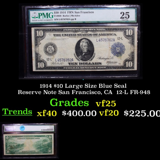 1914 $10 Large Size Blue Seal Federal Reserve Note San Francisco, CA  12-L FR-948 Graded vf25 By PMG