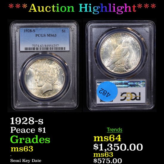 ***Auction Highlight*** PCGS 1928-s Peace Dollar $1 Graded ms63 By PCGS (fc)