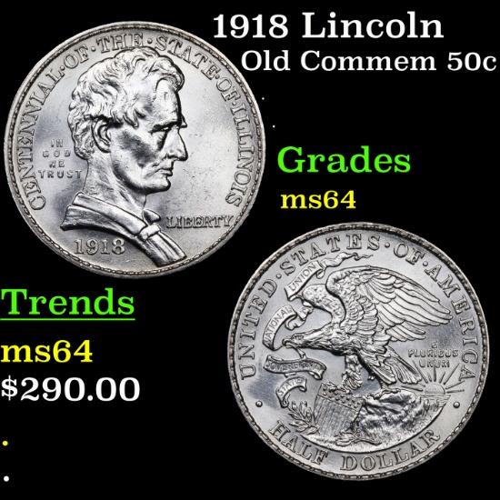 1918 Lincoln Old Commem Half Dollar 50c Grades Choice Unc
